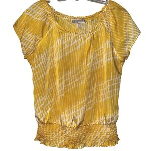 MICHAEL KORS Yellow White Abstract Print Smocked Waist Top‎ M